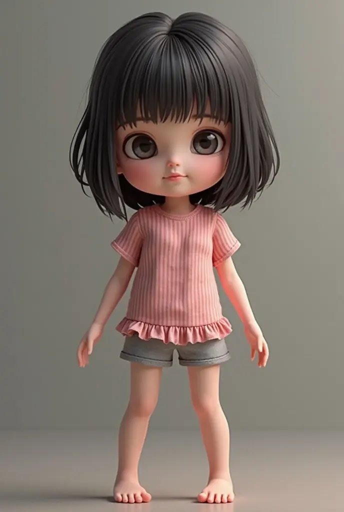Cute easy to texture with medium-length dark hair, straight bangs, green eyes, wearing white tshirt tucked into blue denim shorts, 3D Rendering, solid color background, specific, chibi anime, surrealism, cartoon style, full-body shot, super detail, anatomically correct, masterpiece, precise