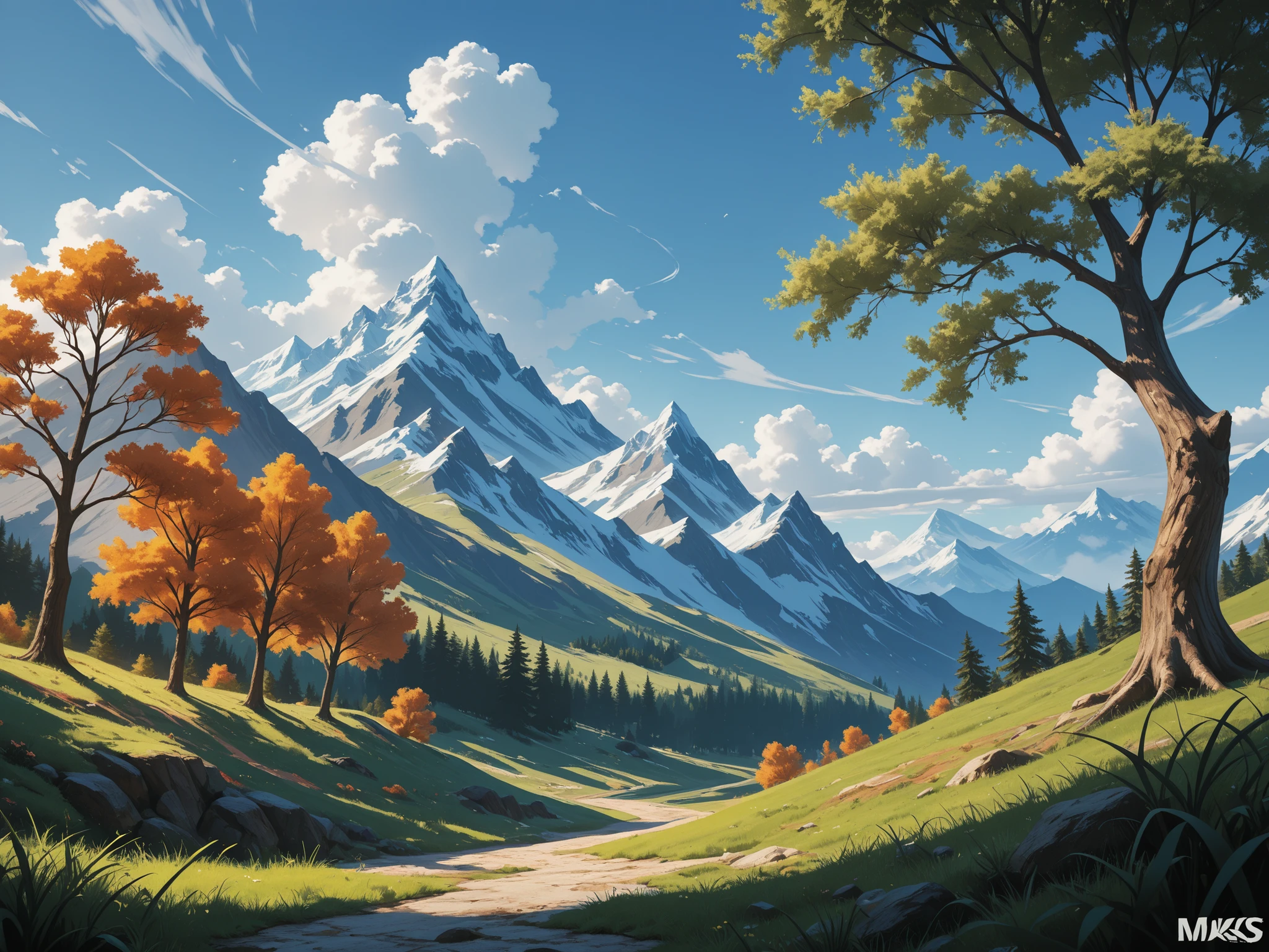 Conceptart,Concept Art,Samia, tree, scenery, cloud, outdoors, sky, day, mountain, grass, nature, mksks style, best quality, perfect
