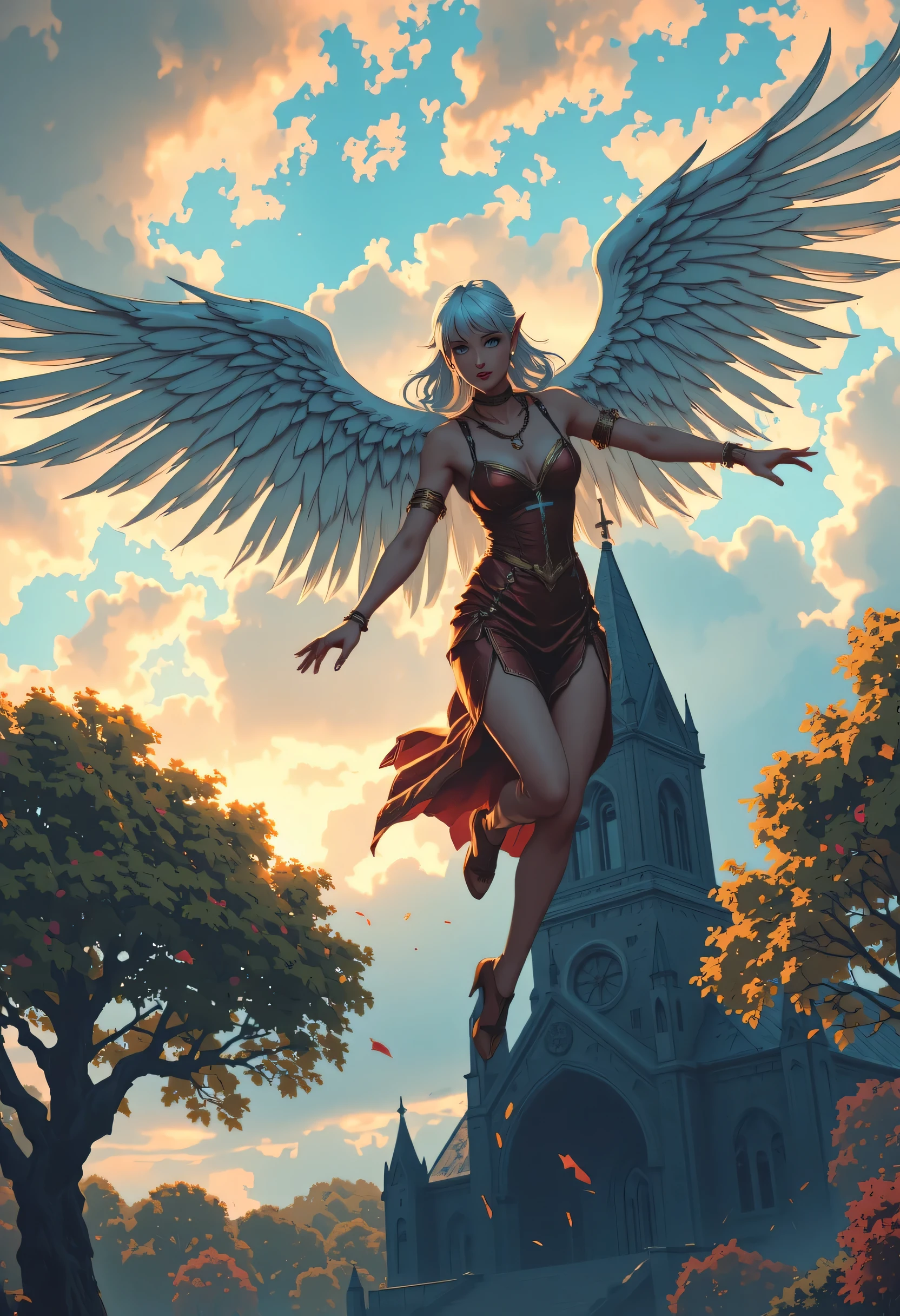 aasimar, female, white angelic wings spread , flying over a fantasy goth church at night, colorful trees, at dawn, sunlight, wearing red leather dress, small cleavage, high heeled boots, shiny silver hair, long hair, blue eyes, black hair, long hair, ponytail, bead necklace, anchor choker, makeup, dnd art, god rays, Gothic art, cinematic lighting, glowing light, silhouette, ultra-wide shot, from outside, Wide-Angle, Ultra-Wide Angle, 16k, highres, best quality, high details Celestial Fantasy, zavy-ctcmcs, hyp3rd3tail style, Celestial Fantasy, zavy-dtlnm, glow outlineת