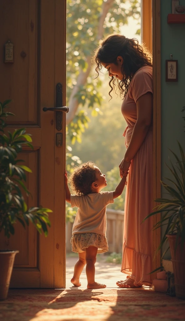 An African woman with a long straight hair wearing a red gown holding the hand of  her child who is a handsome little African boy with an Afro haircut walking downstairs a staircase to the white painted living room 
