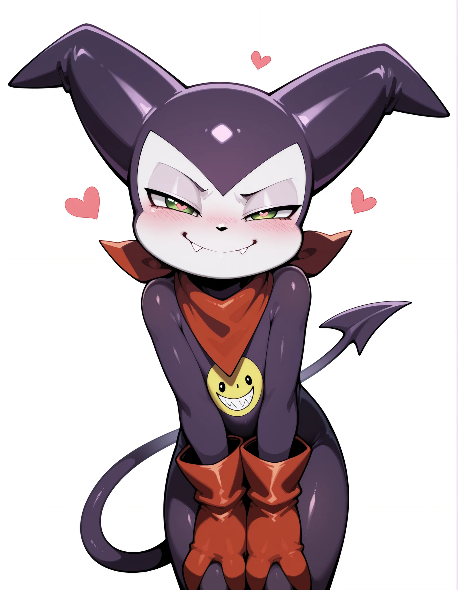 masterpiece, best quality, 1boy, male, solo, single character, impmon, no humans, demon, purple skin, white skin, multicolored skin, tail, green eyes, red gloves, fewer digits, digimon (creature), bandana around neck, cute, expressive, heart-shaped pupils, in love, dof, narrowed eyes, eye twitch, white background, cute face, detailed, looking at viewer