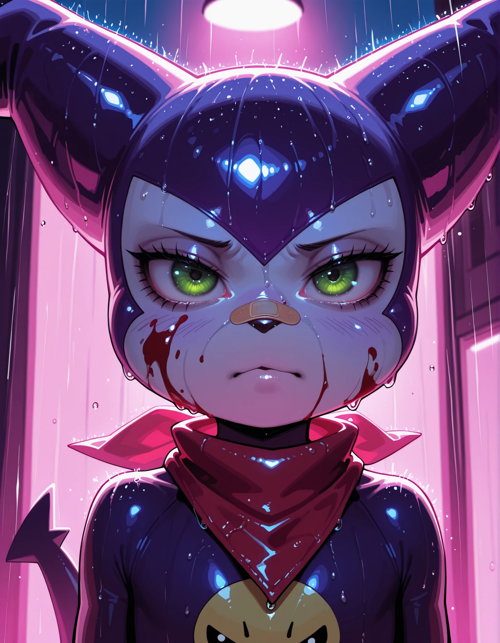 volumetric lighting, masterpiece, best quality, absurdres, newest, perfect quality, best quality, absolutely eye-catching, detailed background, intricate details, realistic,impmon, solo, purple skin, white skin, multicolored skin, tail, green eyes, digimon (creature), bandana around neck, dazed eyes, portrait, bandaid on nose, blurry background, pink lighting, night, dark, pink theme, blood on face, rain,