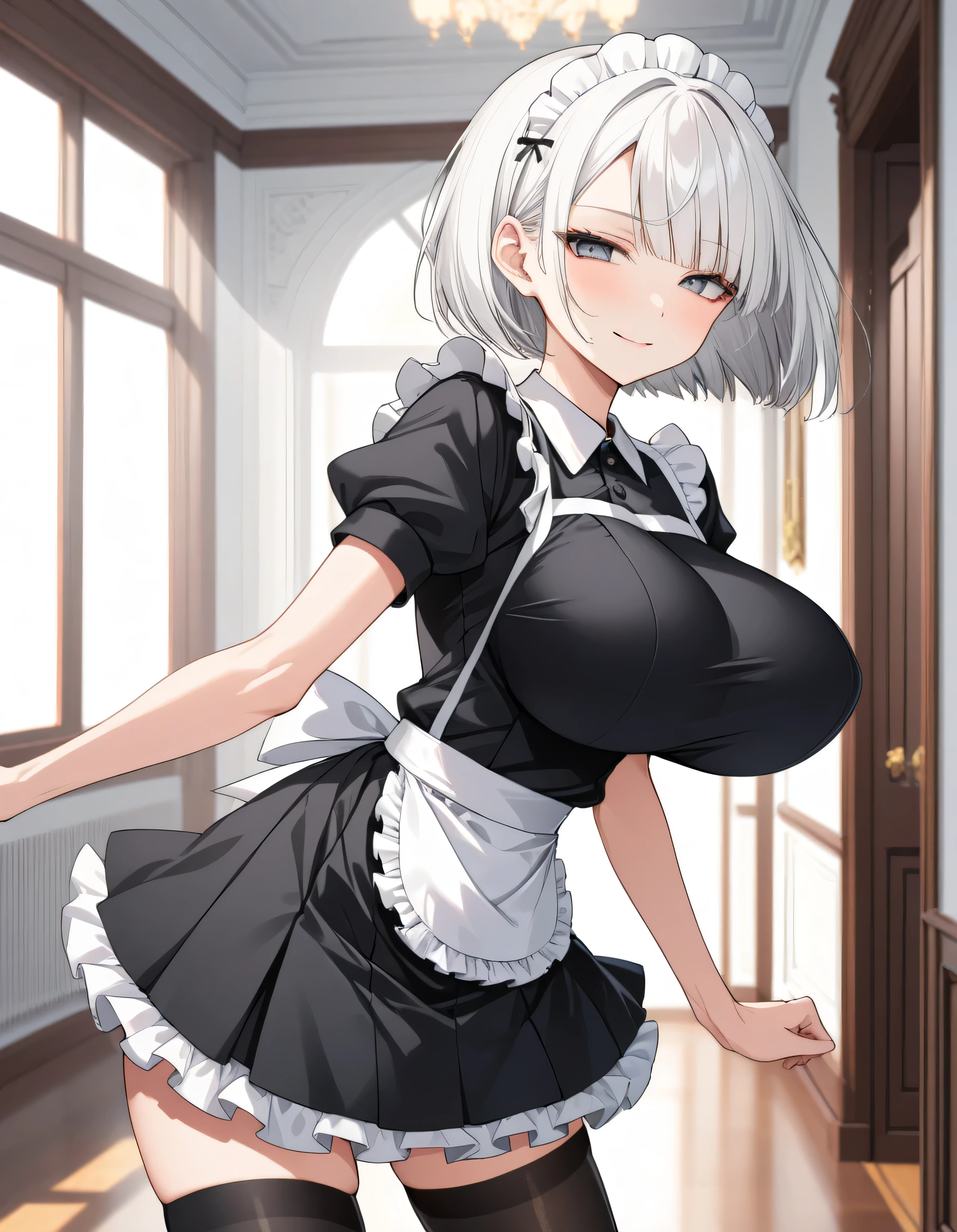 score_9, anime style, longlegs_v0.22_pony, BREAK, solo, (1 skinny maid girl standing in hall), large mansion, light smile, arched back, (dynamic pose), (bouncing breasts), tiptoe, BREAK, white hair, long bob cut, blunt bangs, half-closed eyes, narrow shoulders, very small torso, (bursting gigantic breasts:1.2), too short torso, very narrow waist, skinny hip, skinny thighs, very skinny legs, BREAK, white apron, black short maid dress, (flapping black too short skirt:1.3), (thigh gap), (groin), black thighhighs, stiletto heels, {nsfw}, (perky breasts)