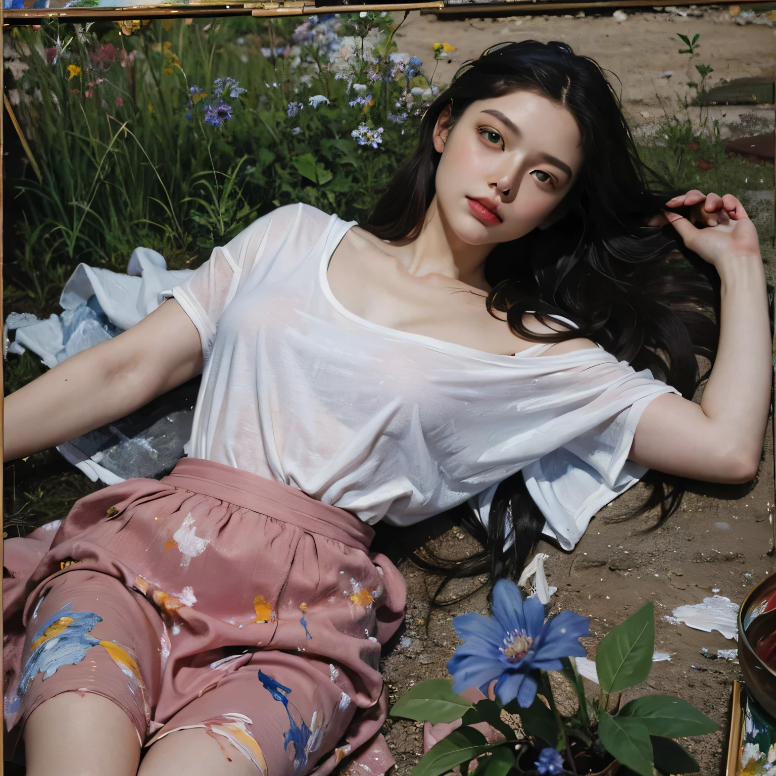 (1girl:1.3), solo, __body-parts__, Kim Ji-ni Jennie face, flowers, garden, lying down, wearing white t-shirt, vintage, khaki loose cardigan sweater, cute, shorts, flowers