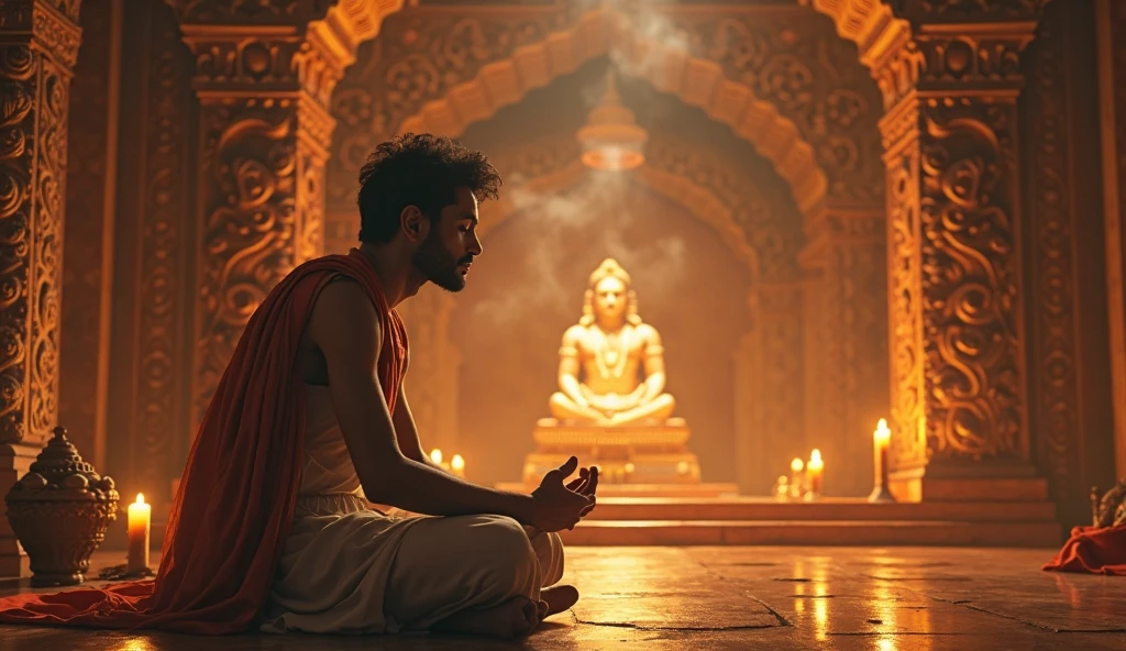 a handsome Javanese man (very short curly hair),seen from the front in a meditative position,namaste hand,sitting cross-legged on the ground,(eyes closed),wearing detailed traditional clothing torn sleveless,including bracelets and a belt with a complicated buckle.his surroundings looked mystical and serene,perhaps in a sacred cave with the light coming through the gaps above illuminating his handsome face.Behind him was a smoke in the shape forming a giant creature from ancient Javanese mythology