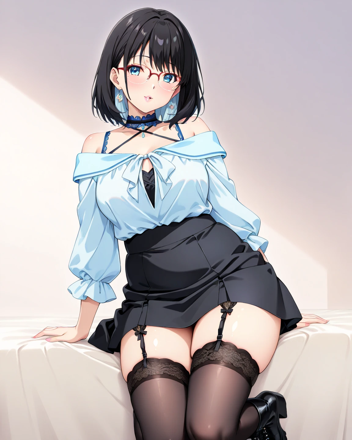 Ultra realistic 8K CG, picture-perfect face, perfect, clean, masterpiece, professional artwork, famous artwork, perfect face, beautiful face, beautiful eyes, (((perfect female body)), big, solo, ,skirt,,blush,seductive look,extremely detailed_eyes,thick thighs,room,(gray hair)), short hair, beautifully detailed background, depth of field,, BDSM, skindentation, full body, shirt, pantyhose