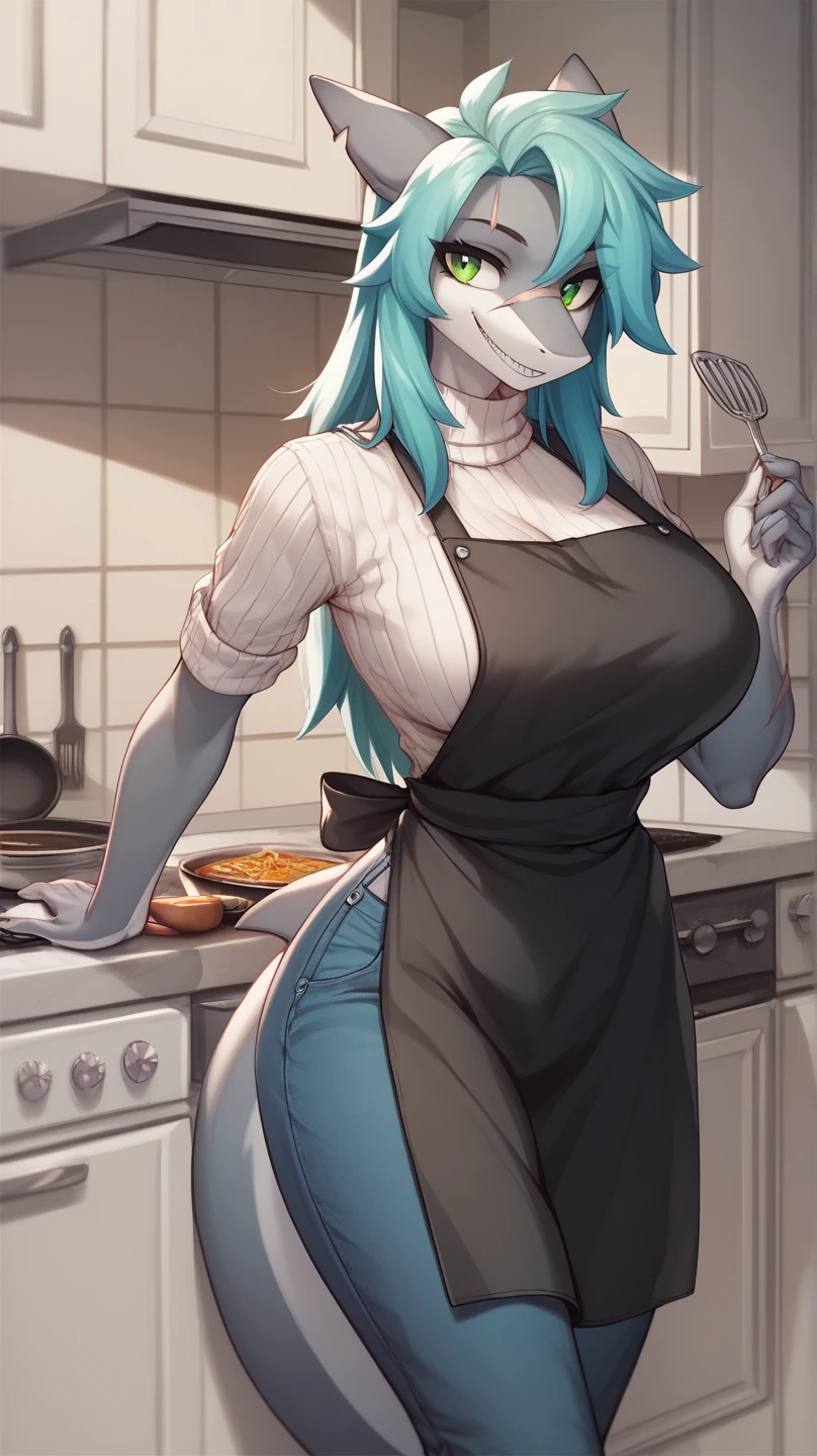 vaporeon,long haired,big breasts,Waist 57,Thigh 86,Good resolution,kitchen,Put on an apron,Good light and shadow details,shade,sexy body,blushing
