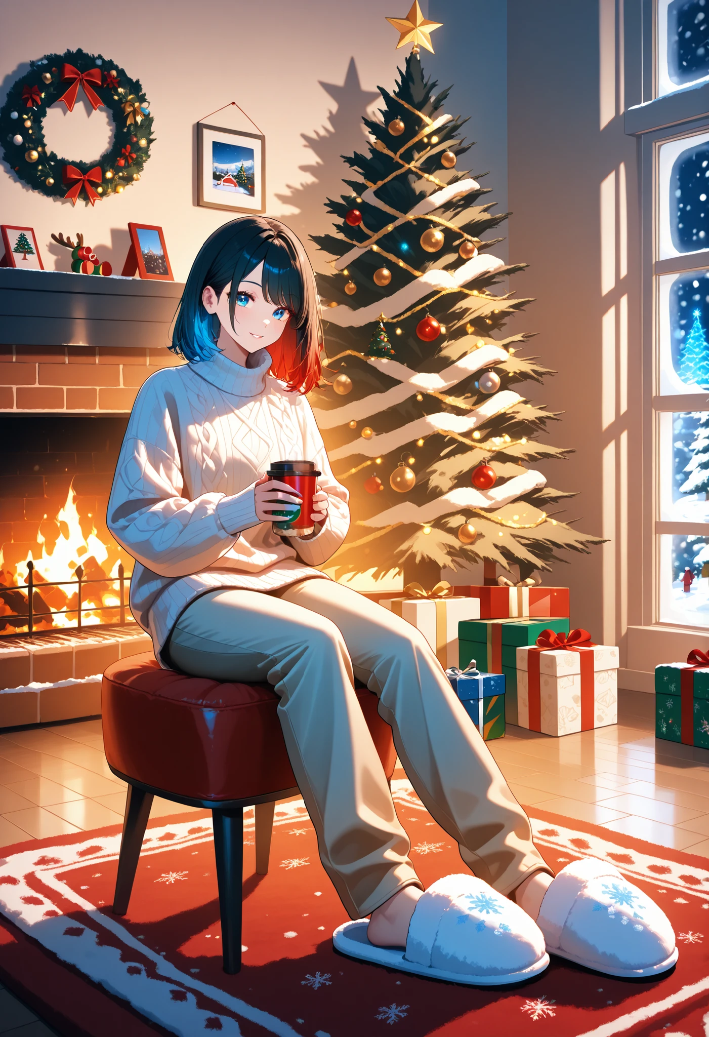  snow , Windows, room, fireplace, Christmas tree , toys, girl, drinks tea, sweater,  warm pants , Warm slippers, Christmas Garlands, beautiful colors,