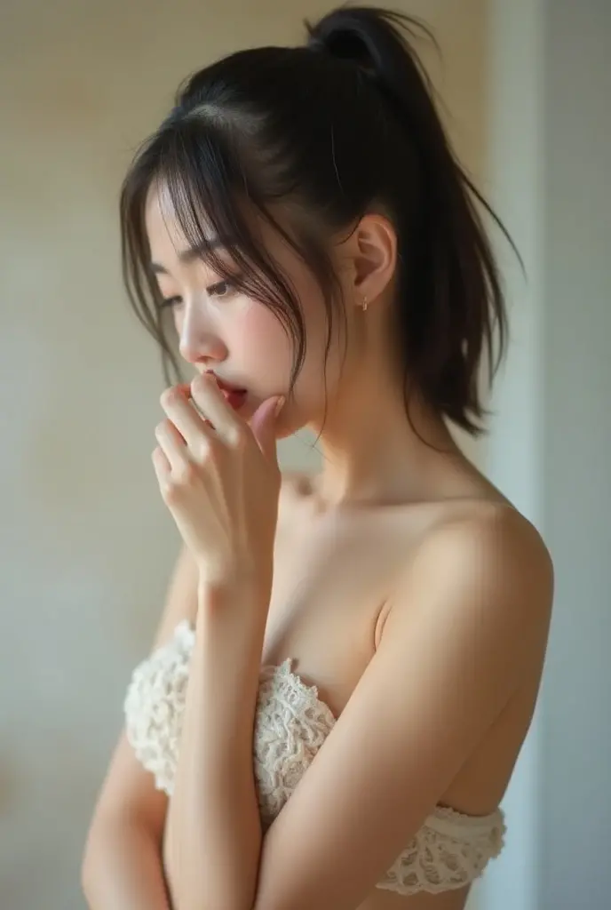 absurderes、​masterpiece、top-quality、realisitic、Hyper-detailing、(skin gloss、Sweatiness:1.4)、((Angle from directly above))、(One Woman、18year old)、(Naked on top、Panties underneath.)、((Bun hair))、Gray eyes、(Thigh:0.5)、动态照明、hight resolution、foco nítido、depth of fields、((small tits、very slender body、thin neck、skinny thigh)),((bent at the knees、Gesture of sucking transparent male genitalia)),(open open mouth、Stick out your tongue、red blush、Embarrassed expression、Staring at the viewer)、(Half body shot,POV)、(inside in room、Background blur),
