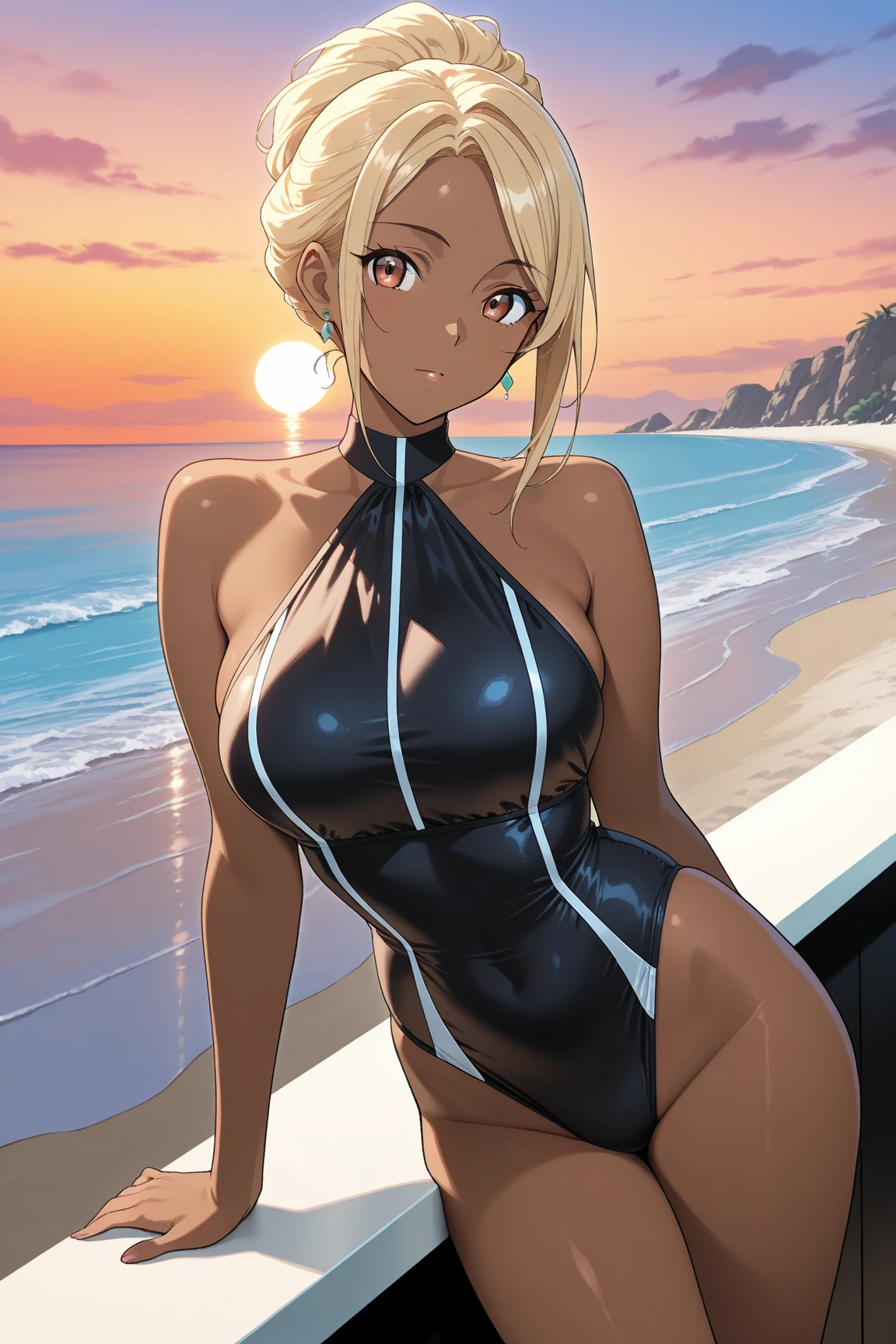 (8k), (best quality), (masterpiece: 1.2), (realistic), (photorealistic: 1.37), super detailed, one girl, viewer is watching, full body, 25 years old, blonde, black one-piece swimsuit