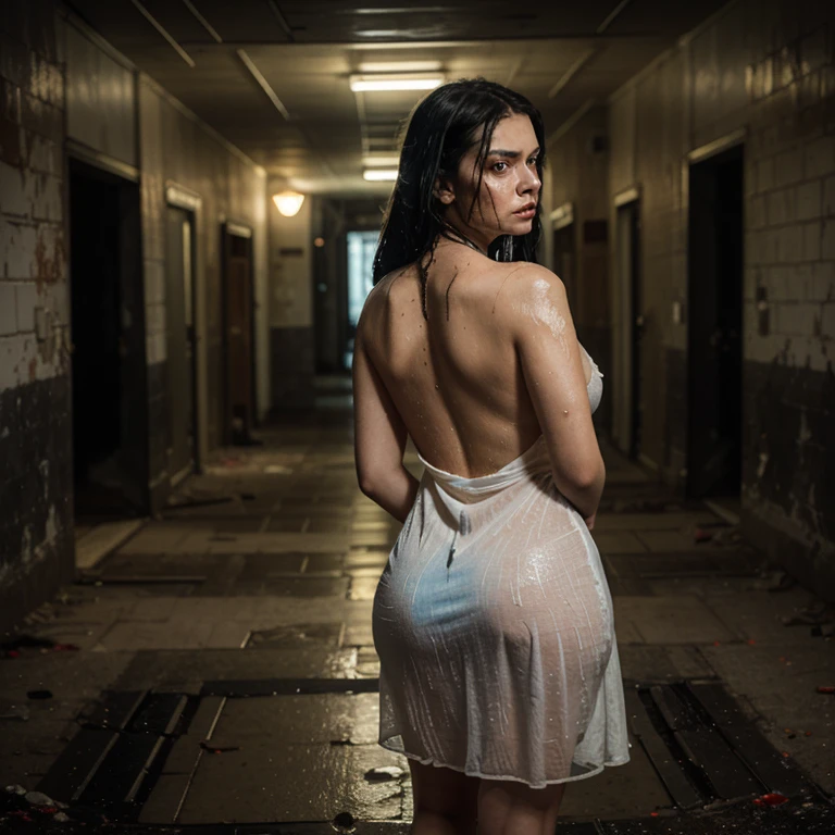 1 girl standing alone in a dark alley at night naked and dirty from being raped behind a dumpster. She had a black eye from being abused by a rapist. Her vagina is bleeding and she also has massive breasts.