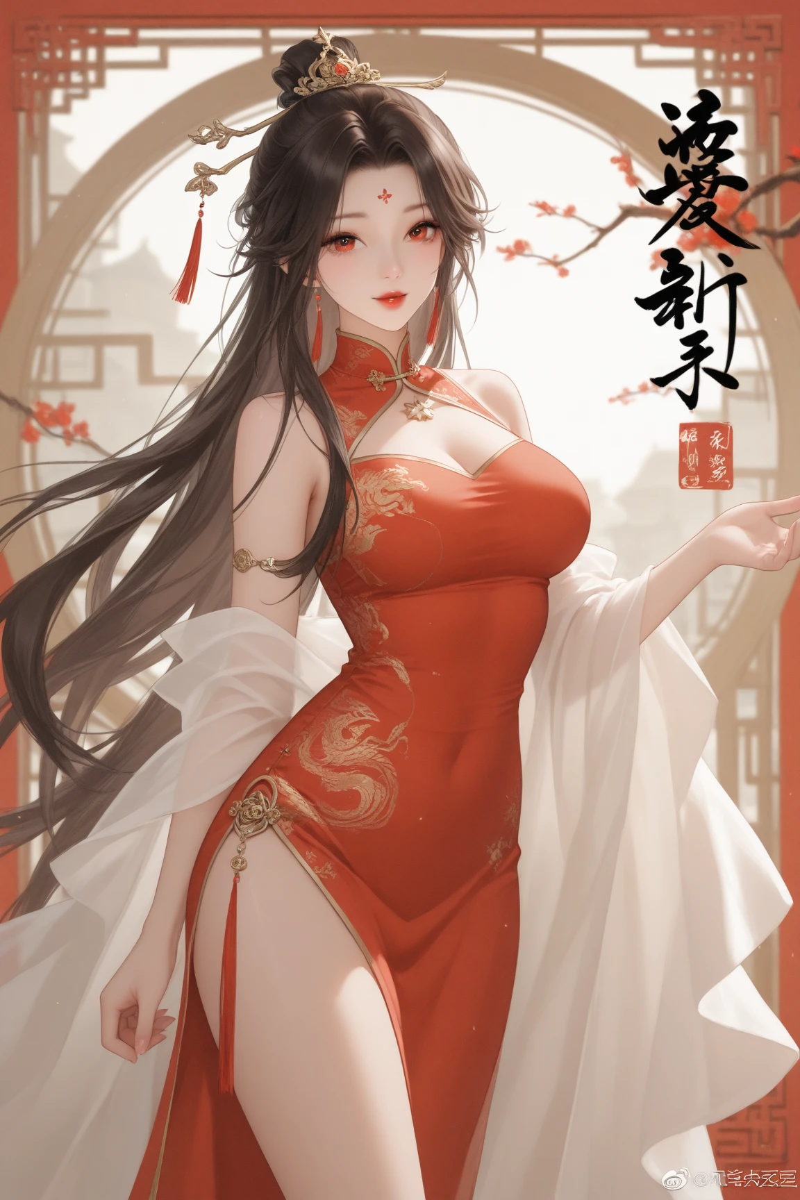 poster, (masterpiece, best quality),Black Hair(rich and colorful),(Stunning details,Detailed background),Standing front,Keep your legs together,Anatomically correct,Precision drawing,Detailed view,Luxury, girl lotus pose:1.6, lotus po station:1.6, (Red short dress:1.5)(Black Silk:1.2),Smile,Blank background