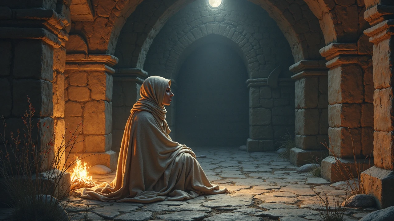 woman with violet priestess cloak, facing a fireplace in your home with violet fire, convey depth, in the background a cupboard with various aromatic herbs, Lavender
