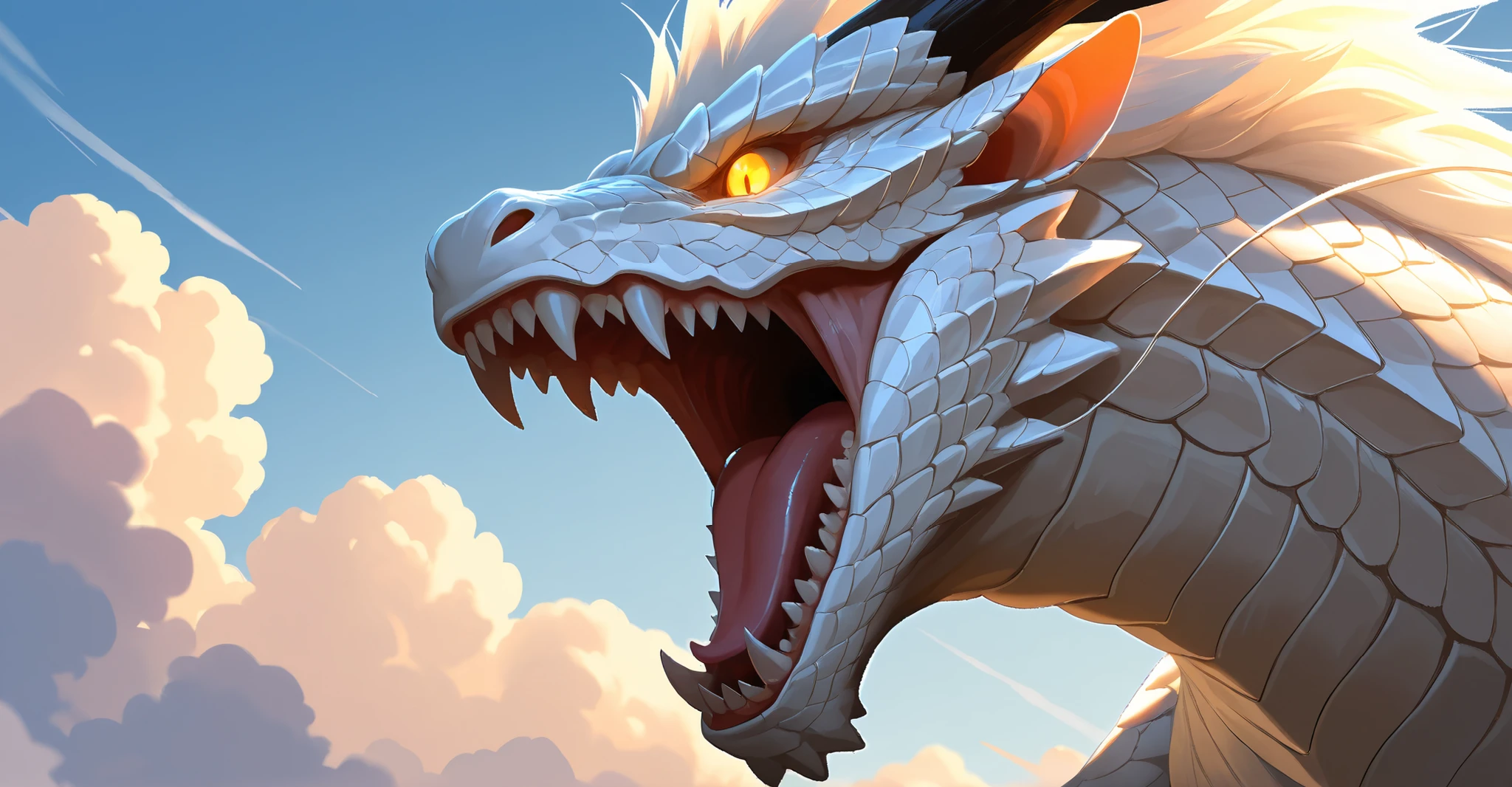 A hyper-realistic digital painting of a roaring white dragon facing forward, with glowing golden eyes, sharp teeth, and detailed scales. The dragon is set against a bright blue sky with soft, fluffy clouds. The scene is majestic and dramatic, resembling a creature from a high-budget fantasy film. The dragon's mouth is open in a powerful roar, and the image is wide-format (1024x520), cinematic, and awe-inspiring. No text, just the dragon and the sky.