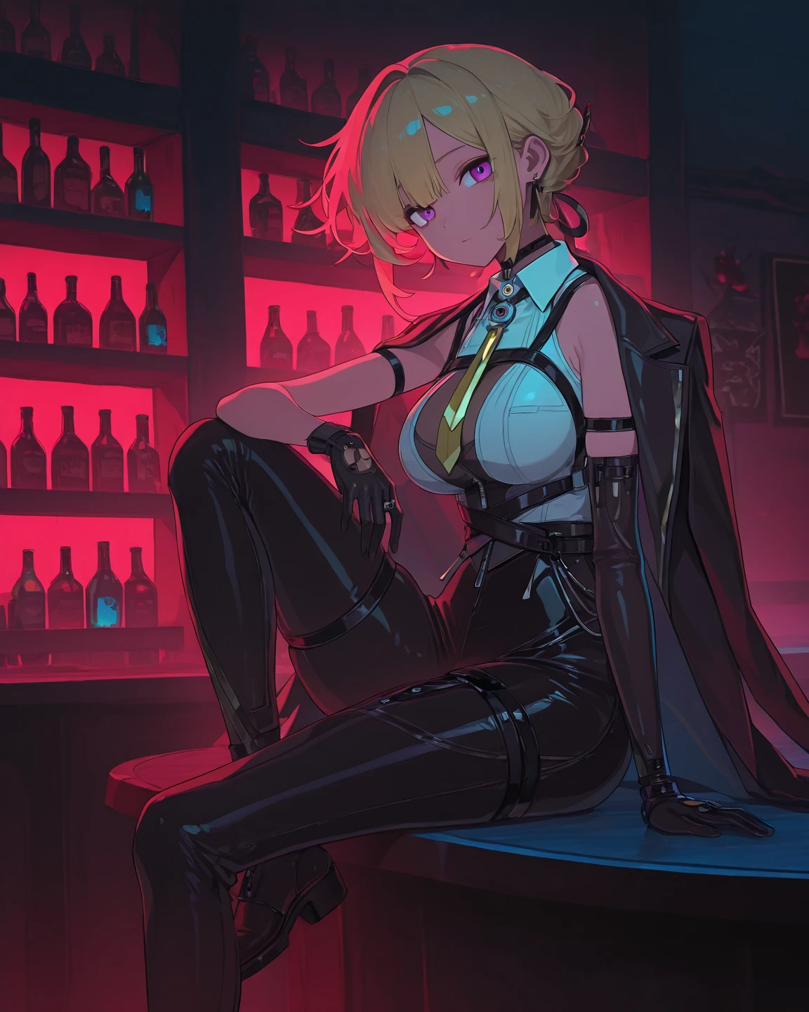 Best Quality, FNAF Security Breach Roxanne at Wolf Nightclub, furry female, makeup, Exposed Latex Crop Top, Big breasts, Purple Lipstick, Collar, spikes, Jewelry, ear piercings, Bracelet, Yellow eyes, Detailed eyes, Anime style, Bottomless, Full body