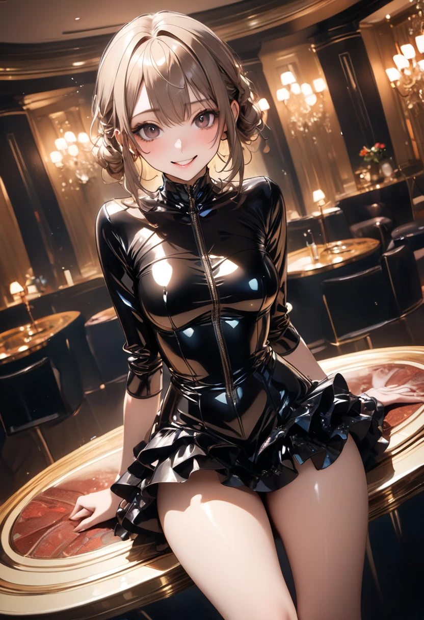 ((Patent leather bunny girl suit, black pantyhose, stiletto heels)), skindentation, skinny, solo, 1 woman, Masterpiece, highest quality, highest quality, 16K, incredibly absurd, highly detailed, 2.5D, ai-generated, delicate and dynamic, very delicate facial expressions, delicate eye depiction, erotic, only sexy woman, ((A cute and kind face)), healthy figure, 25-year-old woman, 160cm tall, medium firm swaying bust, blush, Sweat,Embarrassed,sexy, ((thin thighs)), (Erect nipples:0.7), (visible nipples:0.5), ((shiny and lustrous)), facing straight at viewer, ((brown black skin)), ((Oily_skin)), sweaty skin, wet skin, dutch angle, ((sexy pose)), Dynamic poses, Inside a luxury casino, the casino is bright, roulette table,