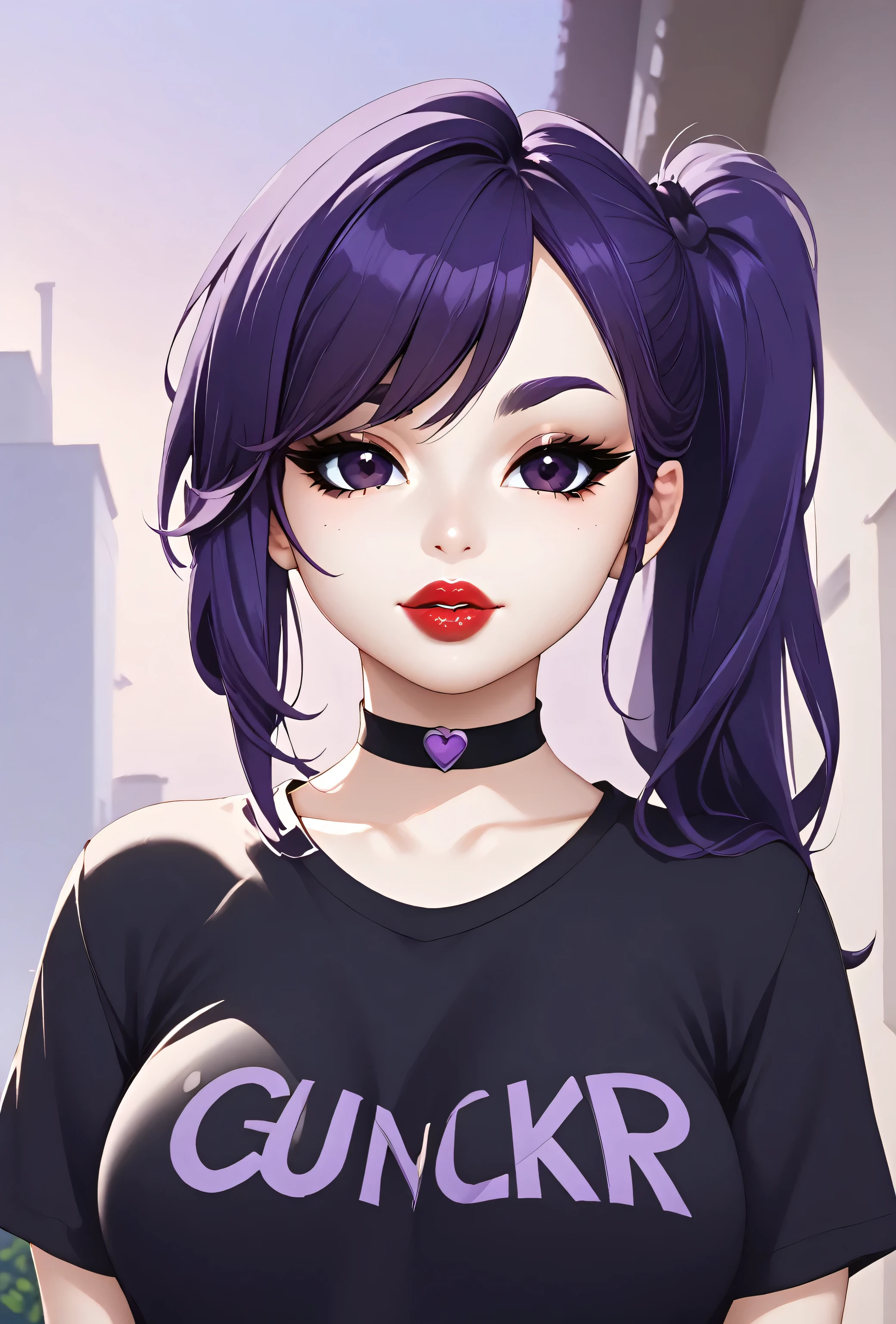 outdoors, 1girl, purple hair, very long bangs hair, purple eyebrows, thin eyebrows, purple eyes, lips, red lips, perfect face, beautiful girl, t-shirt, black t-shirt, medium breasts, black choker, looking at viewer, (komi san)