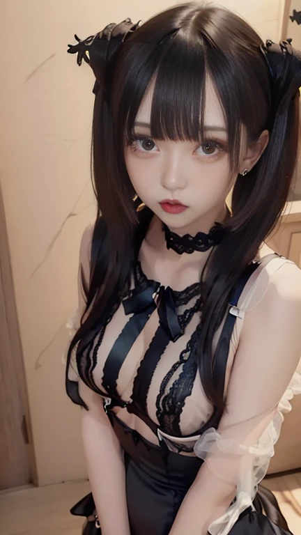 masterpiece, Highest quality, figure, Very detailed, The finer details, High resolution, 8k,wallpaper, Perfect dynamic composition,(Detailed high quality, Realistic depiction of eyes:1.3), (Three Girls:1.3),(Gothic Lolita fashion with tight buttons on the collar and chest), Seraphim, Short Bob Hair, (Lying on your back on the bed:1.5), Deep in the field, Black hair color, Big Natural Color Lip, (Perfect figure), (smile)、Harajuku Style、Adorable expression、Expressions of happiness、height: 145cm、Baby Face、Amazingly cute、Cute type、Beautiful feet, Idol Sculpture、(Big Breasts:1.3)、Erect nipples、(whole body:1.3)、(Lifting her skirt to show her vagina:1.3)、(Spread your legs wide:1.3)
