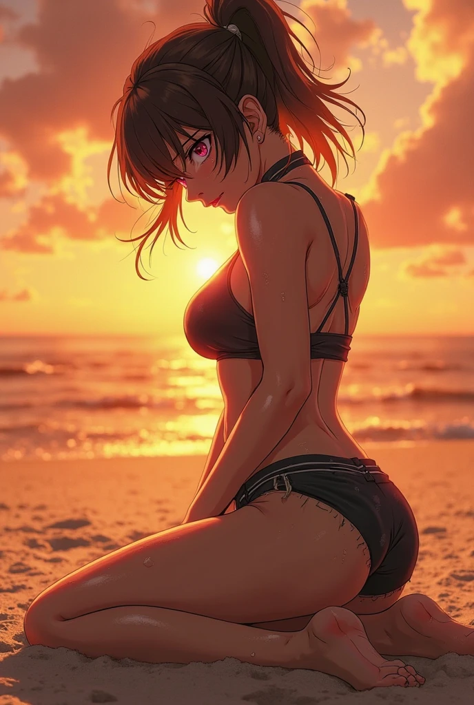 Woman with short black hair, thick anime style body with a tattoo on the back and shoulder watching a sunset on the beach in a bikini