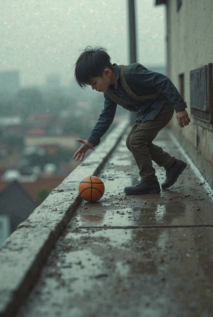 The young boy, drenched in sweat, stood alone on the basketball court. The sky was overcast, and raindrops splashed against the concrete, creating ripples in the puddles that had formed. Despite the downpour, he dribbled the ball with a relentless rhythm, his focus unwavering. Each bounce sent water droplets flying, but he continued his practice, adjusting his shots and refining his technique. His clothes clung to him, soaked through, but his determination was palpable, as if the rain itself was a challenge he was determined to overcome. The sound of the ball echoing through the empty court was the only indication of his perseverance and dedication.