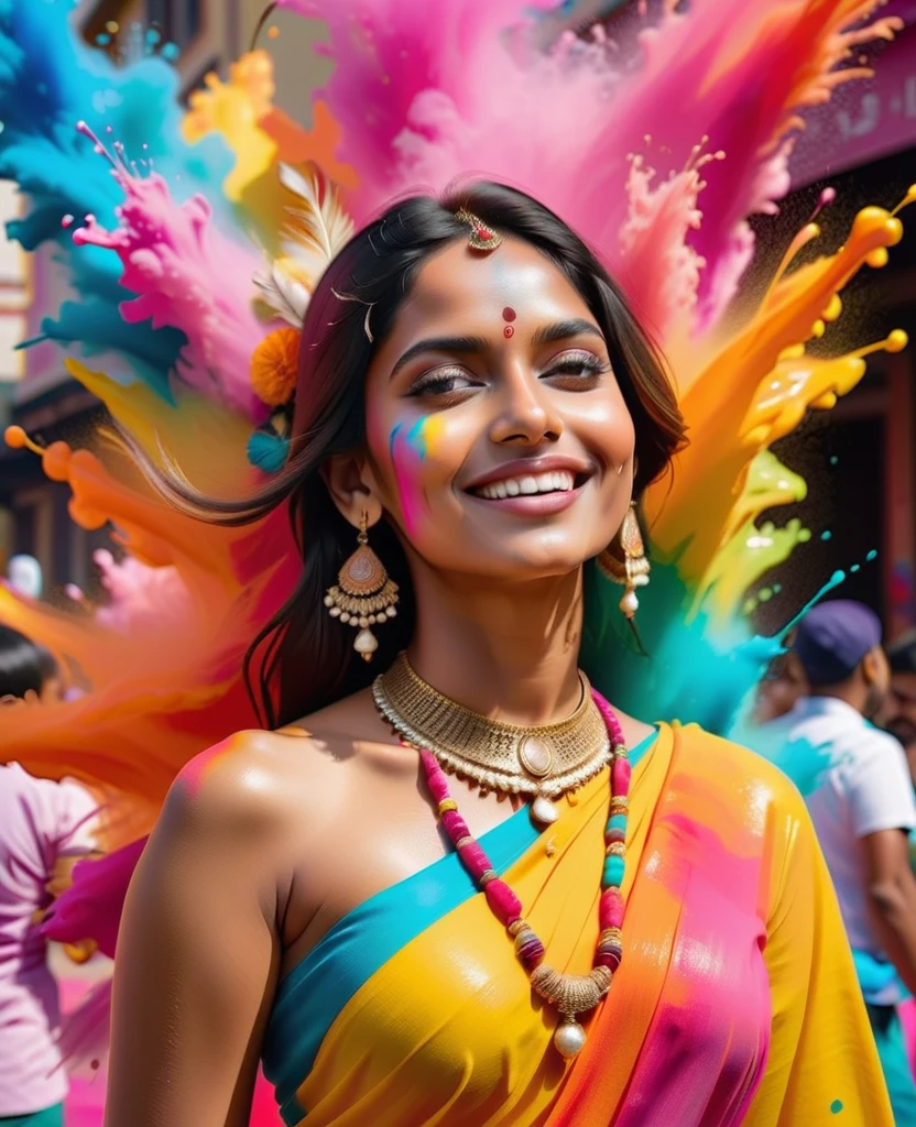 (best picture quality，4k,8k，high-definition，masterpiece:1.2)，Ultra-detailed，(lifelike，lifelike，lifelike:1.37)。Indian festivals，deep cleavage, indian traditional dress, deep cleavage, paint festival，holi paint：1.37.beautiful fairy Indian girl，Colorful paint on face，Holi festival, brown eyes，exquisite gold jewelry，happy，long wavy brown hairs, hapiness，Contagious smile，Colorful indian saree costumes，colored nails，Holi paint on body，Splashes of colorful paint at events，holi celebration background，Color spray painting，Energetic movement，Dynamic and powerful abstract art，rich colors，propylene，Vivid rainbow hues，hapiness lively atmosphere，bright orange，Pink，Whimsical and dreamy，Spontaneous splashing，bold color contrast。8k