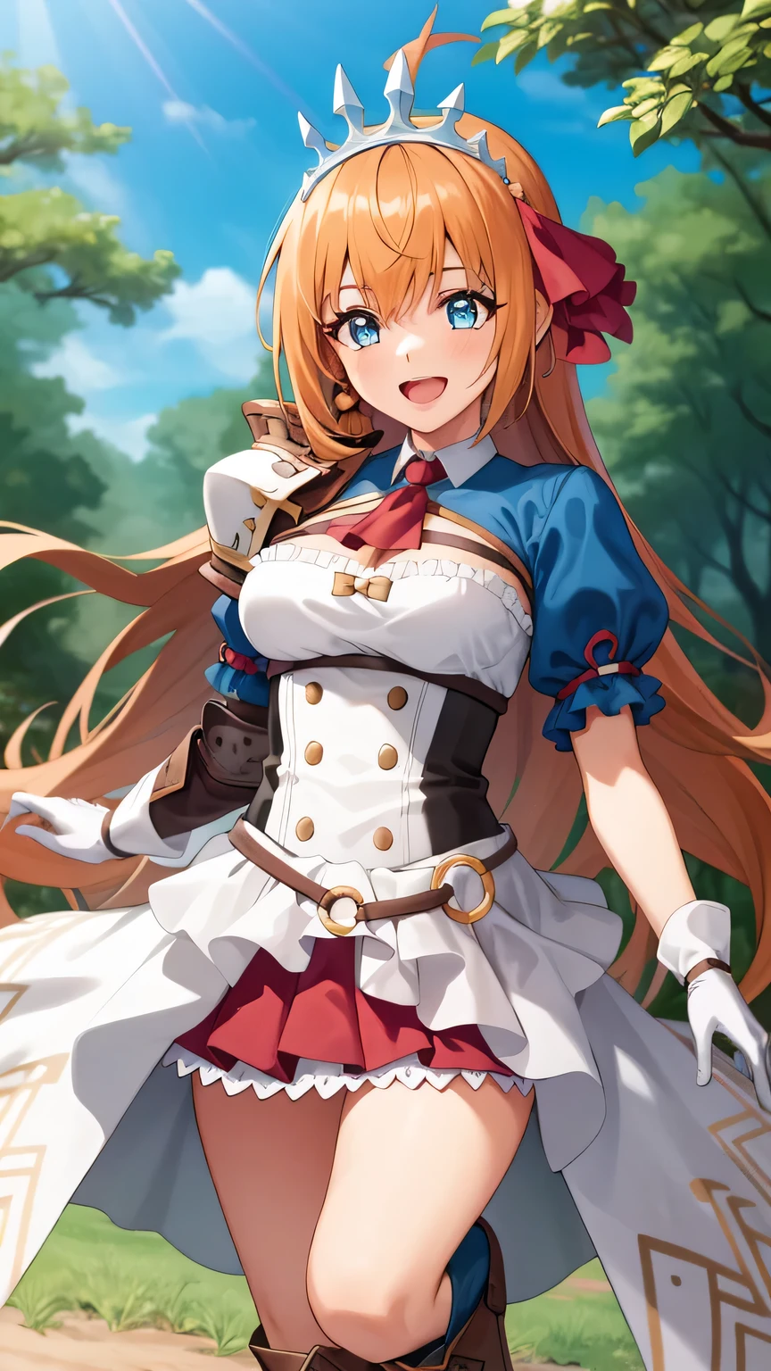 {{{masterpiece}}}, (best quality:1.5), (ultra-detailed:1.5), {illustration}, {{an extremely delicate and beautiful}}, (beautiful detailed eyes:1.6), absurdres, highres, extremely detailed face, 16k, hd, visual anime de uma jovem mulher, extremamente bonito rosto de anime, anime melhor garota, (perfect hands, perfect anatomy), anime face, Pecorine(Princess Connect!), aapeco, 1girl, solo, cute face, orange hair, very long hair, (straight hair:1.4), tiara, {hair ribbon(red)}, hair braid, (ahoge:1.2), bangs, sidelocks, blue eyes, Eye highlights, gradient eyes, medium breasts, big hips, curvaceous, BREAK, white dress, double-breasted, open clothes, open dress, puffy short sleeves, puffy sleeves, red ascot, cleavage, shrug (clothing), short sleeves, armor, single pauldron, shoulder armor, arm belt, white gloves, pauldrons, (white loincloth:1.3), pleated skirt, (red skirt:1.3), white petticoat, (blue knee socks:1.3), (Short boots:1.3), white footwear, BREAK, sorriso alegre, open mouth, visual anime de uma jovem mulher, extremamente bonito rosto de anime, anime melhor garota, outdoor, sky, daytime, forest, field