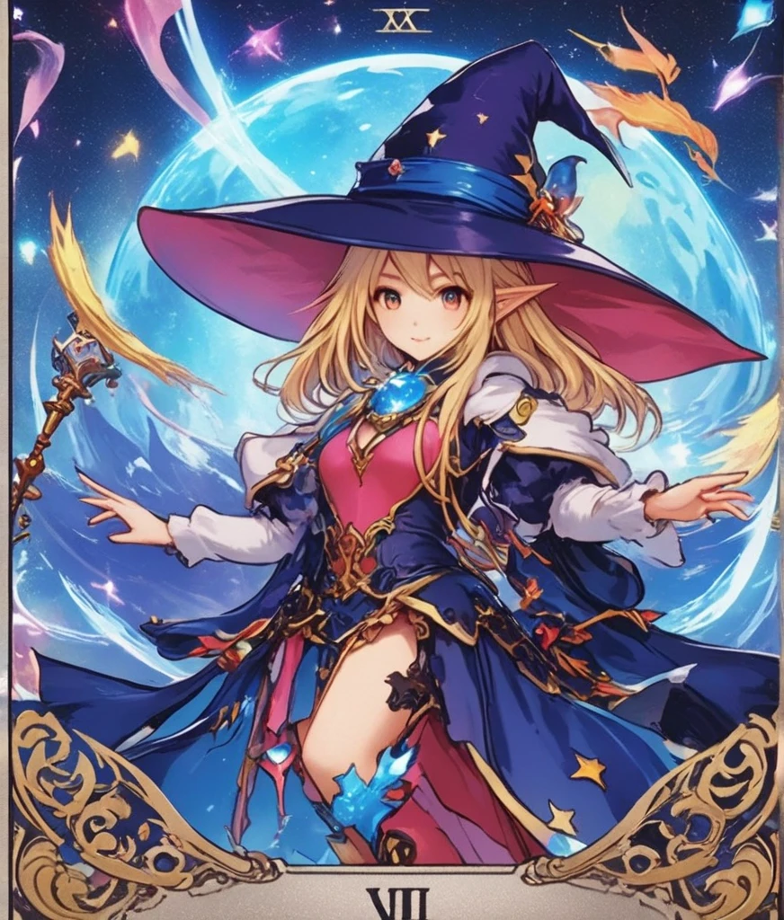 masterpiece, best quality, 1girl, solo, hat, blonde-hair, drill-hair, gloves, breasts, blue-eyes, witch-hat, thigh-boots, thighhighs, boots, elbow-gloves, open-mouth, staff, purple-headwear, smile, dress, full-body, simple-background, cleavage, large-breasts, looking-at-viewer, purple-dress, very-long-hair, purple-gloves, holding, purple-footwear, wand standing-on-one-leg, twin-drills, holding-staff, witch, black-footwear, puffy-sleeves