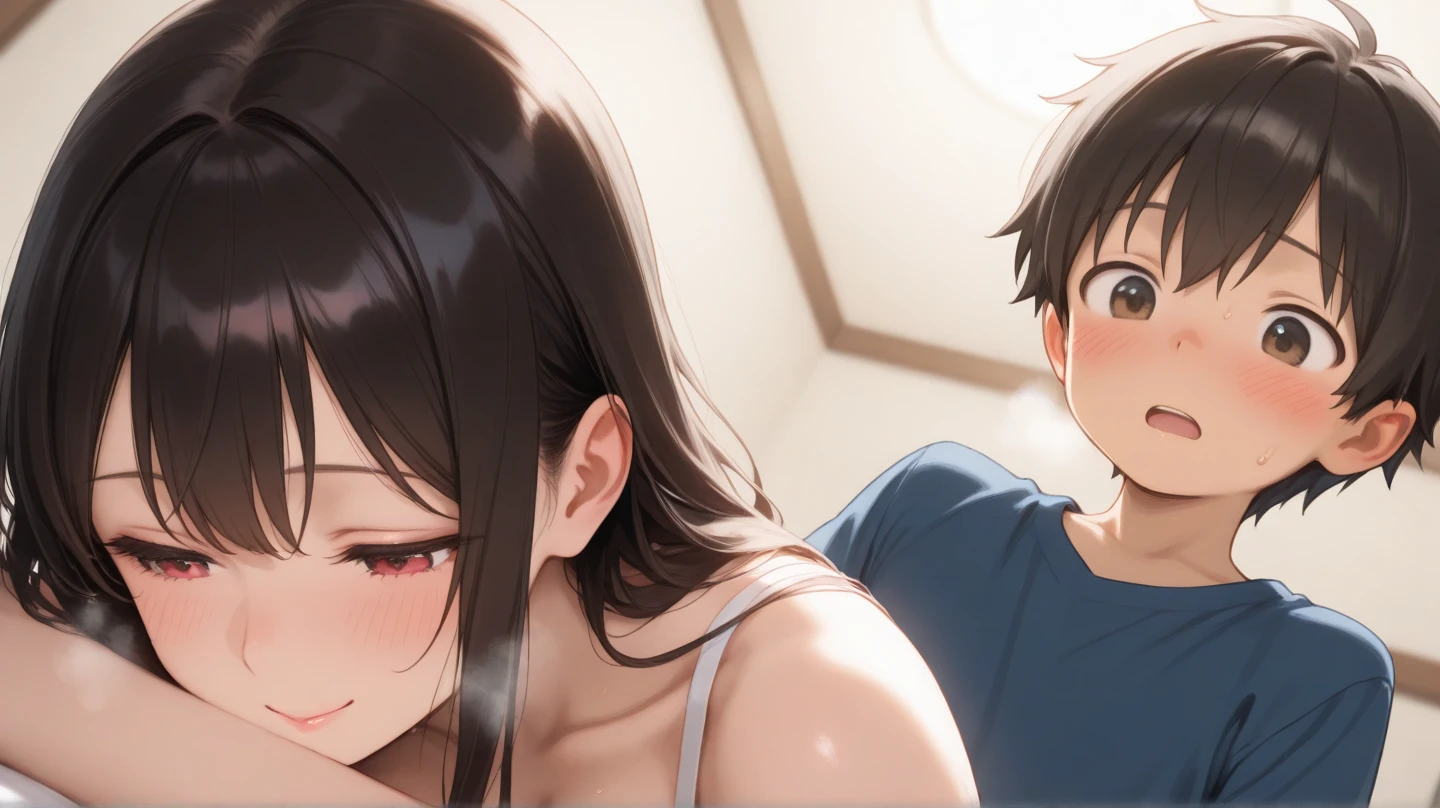 masterpiece,Highest quality,High resolution,Very detailed,Ray Tracing,Natural pose,(Black Hair:1.1),(Long Hair:1.1),(black eye:1.1),(Two men and a woman:1.2),Navy one piece swimsuit,Bedroom at night,(Upper body naked1:1.2),(Embarrassing 1:1.2),(Sit 1:1.2),bed
