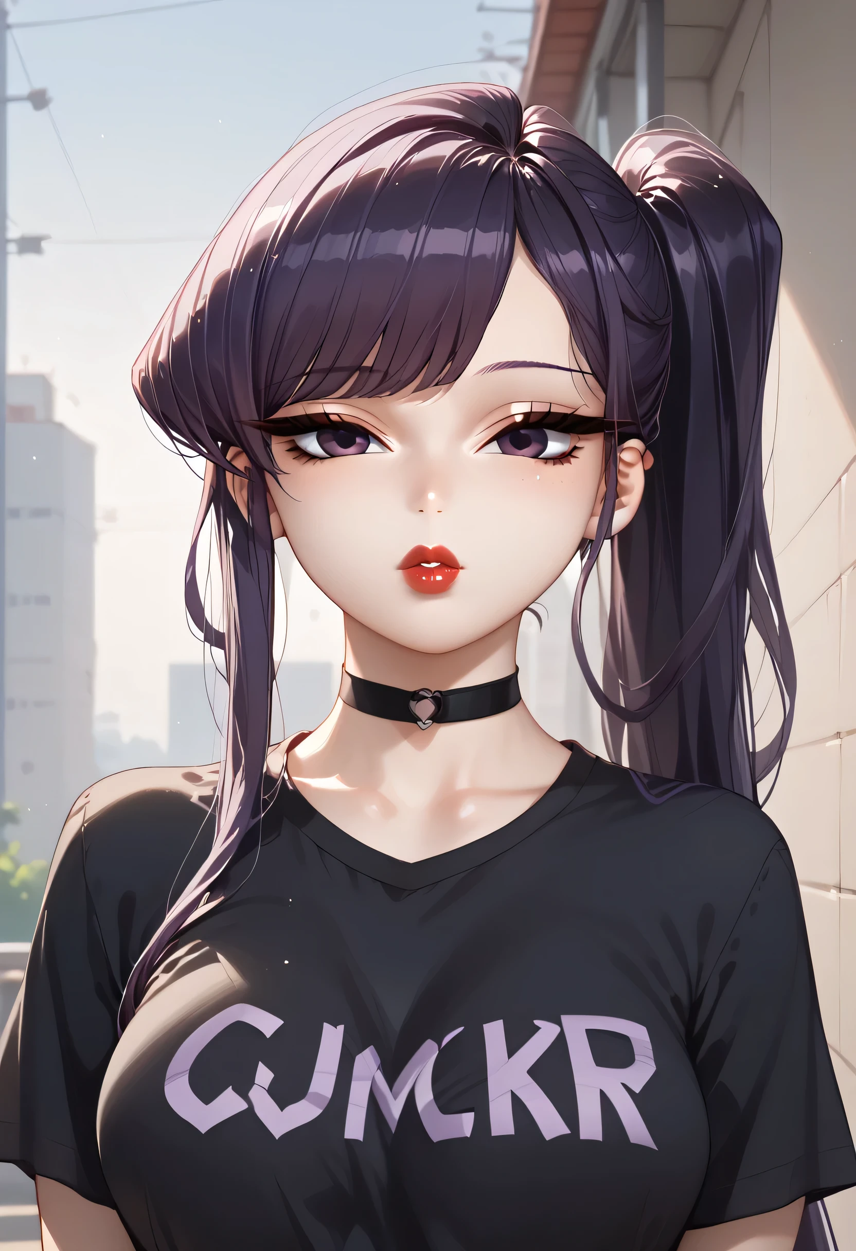 outdoors, 1girl, (purple hair, very long bangs hair), purple eyebrows, thin eyebrows, purple eyes, lips, red lips, perfect face, beautiful girl, t-shirt, black t-shirt, medium breasts, black choker, looking at viewer, ((komi san))