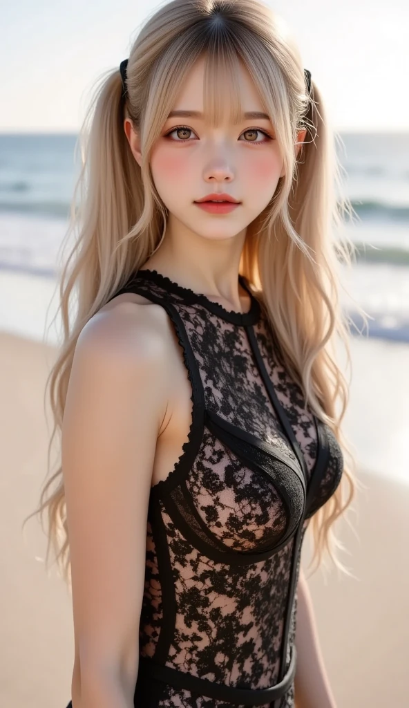 full hd 8k, Girl standing in front of a dark night scene, full moonlight reflecting on her beautiful face. Her long, silky hair was gently blown by the night wind, creating a gentle and romantic feeling. She is walking on a large beach. She looked up at the starry sky, as if searching for something, her eyes showing a pensive and lonely look. The full moon shines in the night sky creating a beautiful scene. The girl has long, strands of hair, Light blonde hair, a luxurious and noble beauty. The moonlight shines on the girl's delicate face, highlighting her large, round light brown eyes, creating a natural, gentle beauty. She wore a mini red nightgown to create a sexy beauty. These images capture detailed panoramic portraits and views of the sky and sea. All create a beautiful, wonderful picture that makes people unable to take their eyes off the scene. All of these details are depicted clearly and sharply,