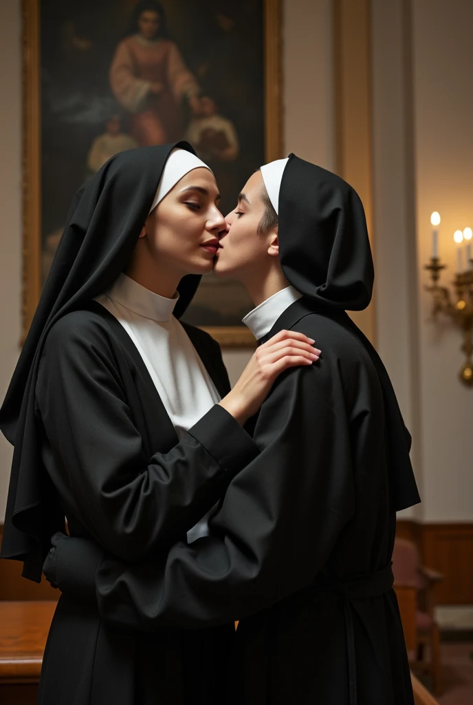 (Full frame) , Two catholic novice nuns in the dark embrace each other kissing in an erotic gothic style, halo light shines down from above creating a hyperpunk scene with desaturated dark red and blue details, colorful polaroid with vibrant colors, (vacations, high resolution:1.4), (small, selective focus, european film:1.4), closed eyes
