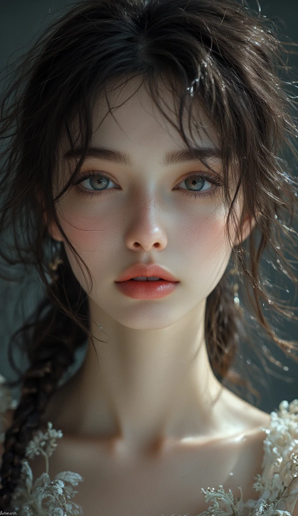Best Quality, Masterpiece, Ultra High Resolution, (Realism: 1.4), Original Photo, 1Girl, Emerald Gemstone Eyes, glowing eyes, Bare Shoulder, In the Dark, Deep Shadow, Low Key, Cold Light
