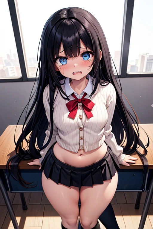 NSFW,masterpiece,Highest quality,High resolution,Super detailed,Yukinoshita Yukino\(My Youth Romantic Comedy is Wrong as Expected\),Black Hair,Long Hair,Light blue eyes,uniform,open crotch pantie,Lace panties,Small breasts,Dissatisfied face,Embarrassed,blush,School,locker room,bench,Changing clothes,Open clothes,(Middle-aged men),Being watched by men