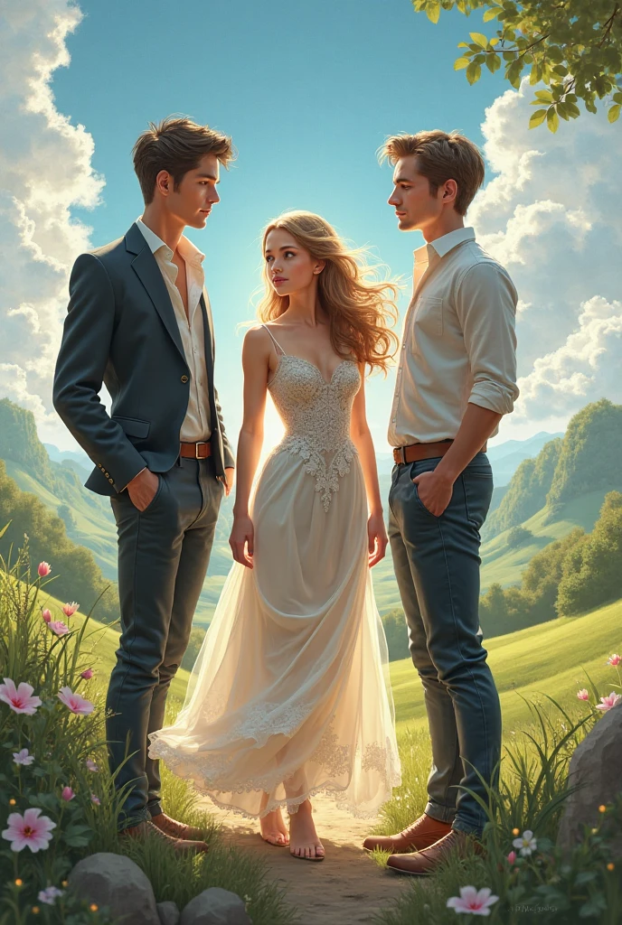 Fantasy Boys, two handsome brown haired young men wearing suspenders and a blonde girl in full body 