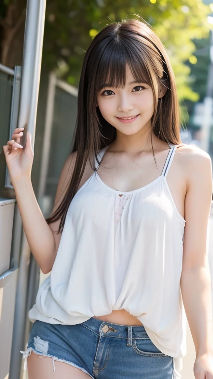 8k,masterpiece,high resolution,Japanese,12-year-old girl,from the front,smile,Innocent face,Calm Eyes,semi-long,Black Hair,bright,Underdeveloped,White camisole dress,Summer clothes,Back Alley,Thighs,Wide open chest,clavicle,Shoulder straps,Small valley,The thinnest fabric,The skin is transparent,Sun light,Thighs,delicate,Poor,
