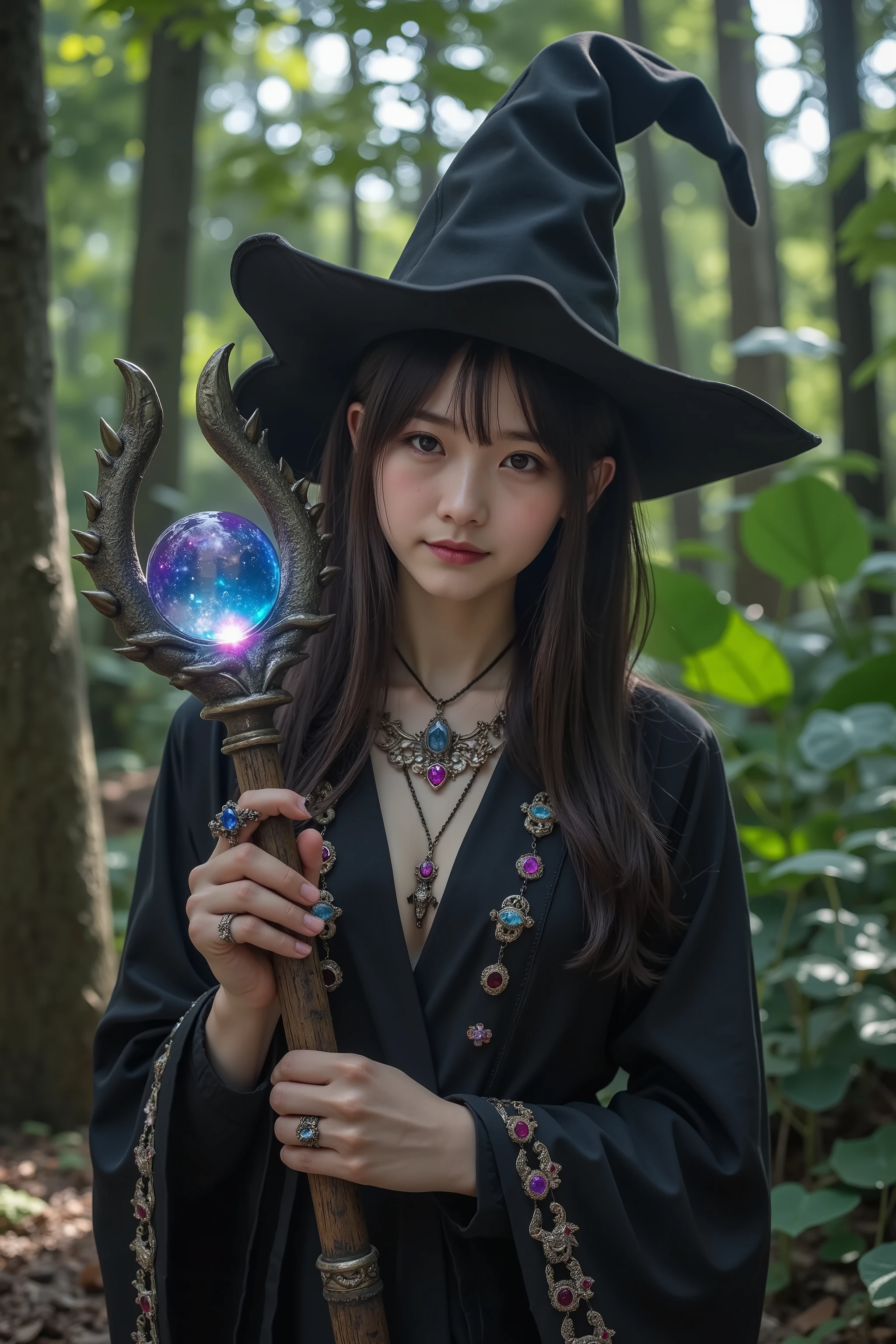 A witch is standing in a mysterious forest where fairies live. Young and beautiful Japan face, and her eyes shine red. she has a black triangular hat peculiar to witches, black robe, と首に加工された骨in作られたネックレスを身に着けています. Each finger has rings containing minerals of different colors inlay. is most characteristic、Her wand. are 2 long It's shaped like a dragon wrapped around it, Then、杖の上部には宇宙を凝縮しているように見える不思議in大きな水晶玉があります, in、All the staff give off a mysterious aura. she looks young , inも彼女は何千年も生きてきた偉大な魔女inす. a photo world that seems like it came out of fantasy in the real world. natural light, Soft light, professional lighting, cinematic lighting. masterpiece, ultra high definition, realistic pictures, realistic style like the picture, 4K Photos, Realistic Textures.