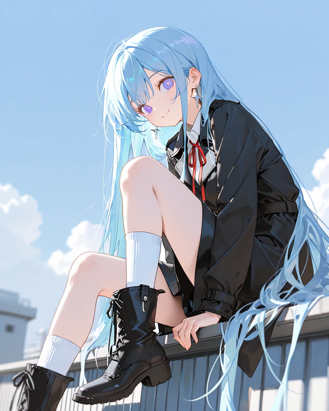 rezeroRem, Rem, blue eyes, Blue Hair, hair ornaments, Hair on one eye, hair ribbon, Long Hair, x hair ornaments,Baseball cap,Riders jacket　Open front,red v neck t shirt,mini skirt,Black knee socks,short boots,Sitting leaning against a wall,rain,Cloudy,Hiding under a roof,whole bodyがイラストに入るように,
break outdoors, Alley,
break looking at viewer, whole body,
break (masterpiece:1.2), Highest quality, High resolution, unity 8k wallpaper, (figure:0.8), (Beautiful attention to detail:1.6), extRemely detailed face, Perfect lighting, extRemely detailed CG, (Perfect hands, Perfect Anatomy),