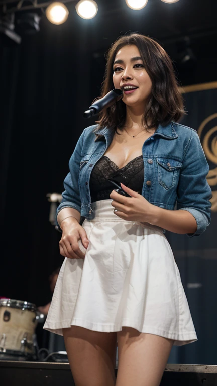 masterpiece, reality, 4k, (medium full shot) of (iconic pop singer) young woman, mexican, mahogany skin, hazel eyes, Average build, medium dark french braid hair, wearing a blue lace cocktail dress with intricate detailing, ankle boots, dramatic mascara, holding a microphone with rhinestones, gold armband, set in a minimalist music video set, with clean lines, neutral tones, elegant furniture, tasteful props, sleek lighting, at night, woman smiling
