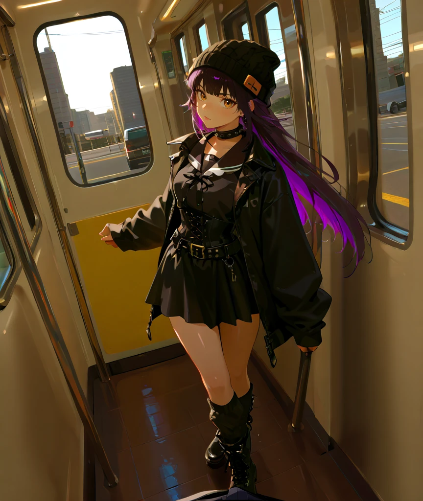 (Very aesthetic),perfect anatomy,neo-gothic Ikebukuro woman,Dusky,Sagittal,(166cm),23 years old,in their 40s,slender body,constricted, My toes are long ,Shiny Skin,Fair skin,black hair,Edo purple hair,Multicolor Gradation Hair,straight long hair in a subway car,in their 40s,(Black Long Jacket with Multiple Zippers Outside Sailor Style),Black Dress with Short Skirt with Inner Button Corset,in their 40s,large clip knit hat,black ribbon leg warmer,short boots with studs,studded neck belt,earrings,in their 40s,Neo thick makeup,in their 40s,(Background in front of Ikebukuro Station, Toshima City,  Tokyo :1.3),Brilliant City Light,Looking Back and Looking Back,(Dynamic angle),(Full body POV),rimlight on chest,( dynamic shadows:0.8),in their 40s,(God's miracle masterpiece:1.2,in their 40s,Best high quality,high quality:1.2, Unity 8k )