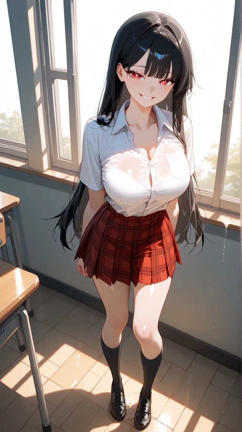 highres, ultra detailed, (masterpiece:1.4), best quality, symmetrical body, a beautiful 18 year old student, schoolgirl, white shirt, blue jeans, full body shot, cute, solo, long hair, brown hair, blue eyes, glow effect, finely eye, detailed face, looking at viewer, dominant, POV, seductive, huge breasts, sun, rim light, classroom, (sexy pose:1.4)