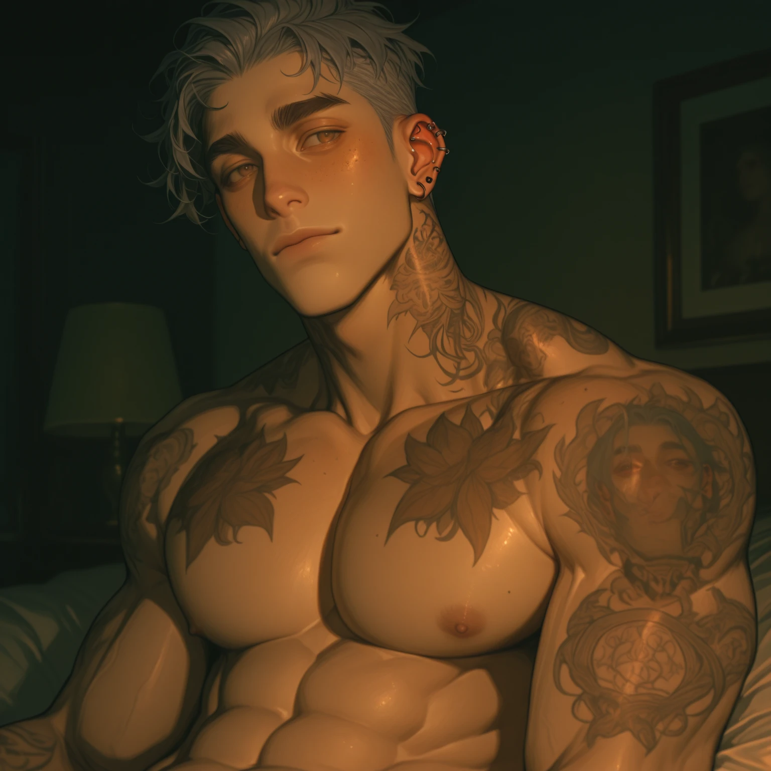 Arafeld male model with tattoo and chain on his chest, male art, Ripped, Beef Cake Pose, inspired by Adrian Zingg, Shirtless :: High detail, Muscular! Cyberpunk, muscular character, Shredded, author:Wang Lei, by Yang J, author:Yang Jin, handsome guy in demon killer art, exaggerated physique, exaggerated muscle physique