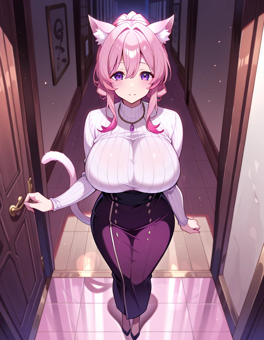 Adult tall girl, short pink hair, low ponytail, Fox ears, pink eyes, tight dress, pomade, Masterpiece, hiquality