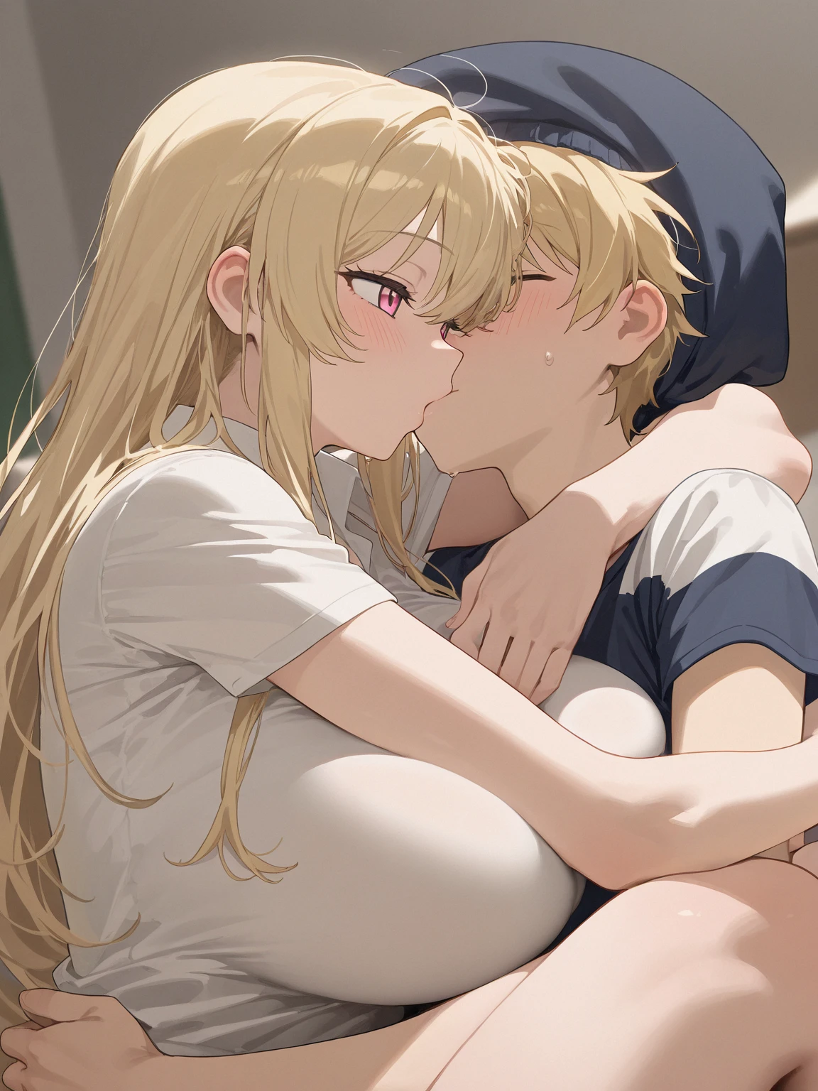 Korean girl , big titties , in a pink nurse costume, blonde hair , kissing old men in the hospital bed