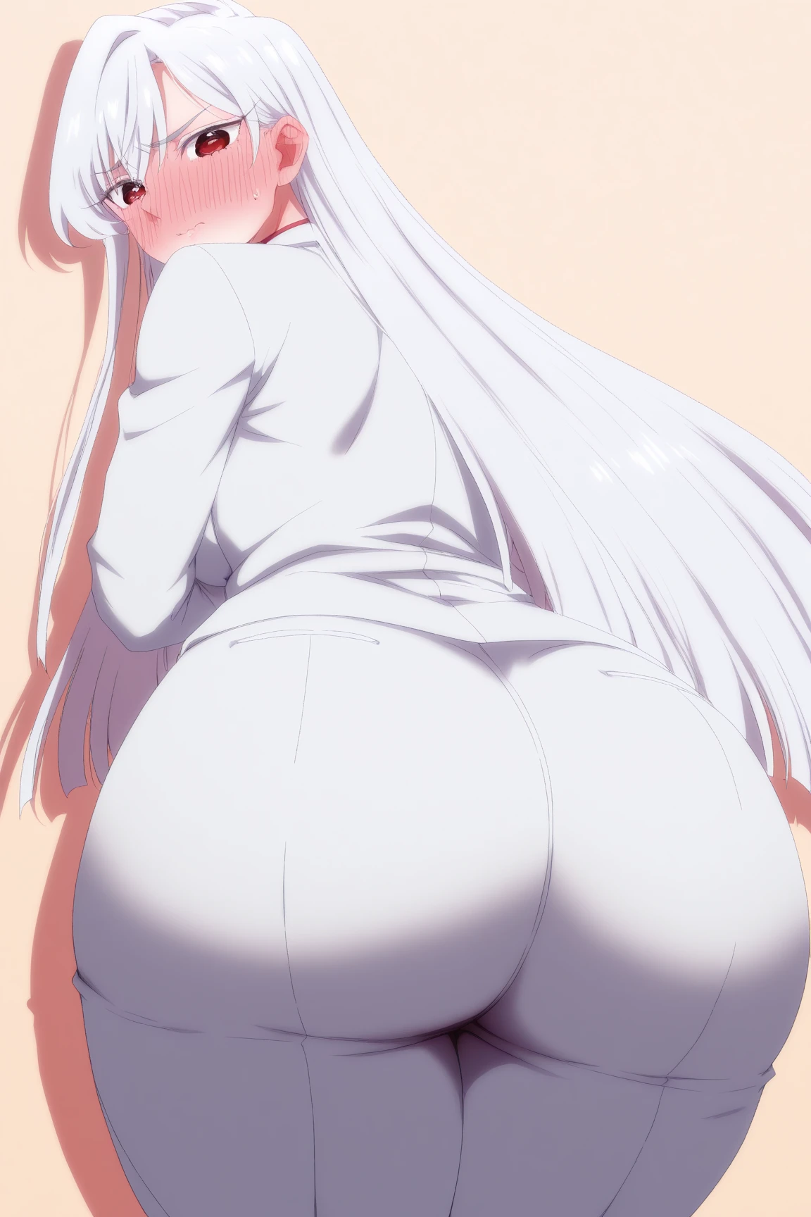 sexsual, nsfw, naked, perfect body, open (perfect body), pussy, asshole ,anime girl with white hair, black shirt, white background, 2b, 2 b, thicc, bending over, lit from behind, white haired, perfect white haired girl, with white hair, cutesexyrobutts, nsfw, perfect body, hdr, pink pussy, vagina