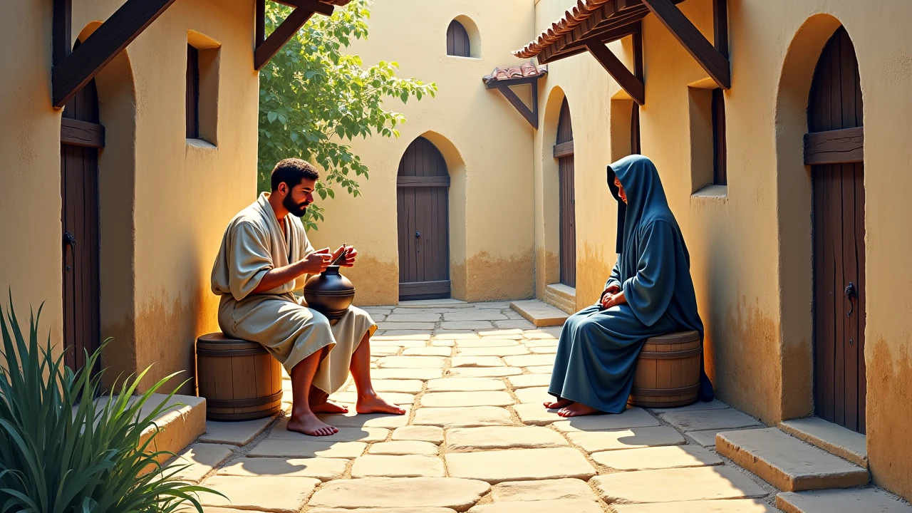 Realistic image of Jesus Christ talking to the apostle Peter wearing the typical clothes of the time, ojos verdes