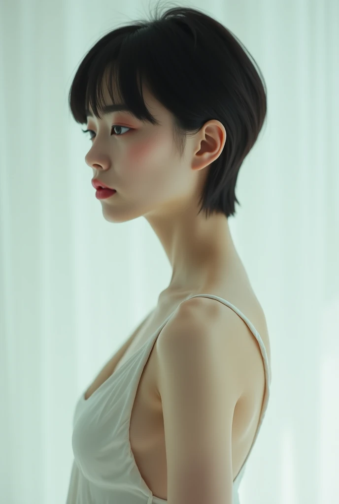 Top Quality, Masterpiece, High Resolution, 8k, (((skinny girl in oversized see-through shirt with bare back and hot pants, wide neckline, small perky breasts, beautiful detailed eyes, no lipstick, extremely detailed face, pixie asymmetrical hair cut, small hips, in the sex dungeon, dim light from behind, behind back)))