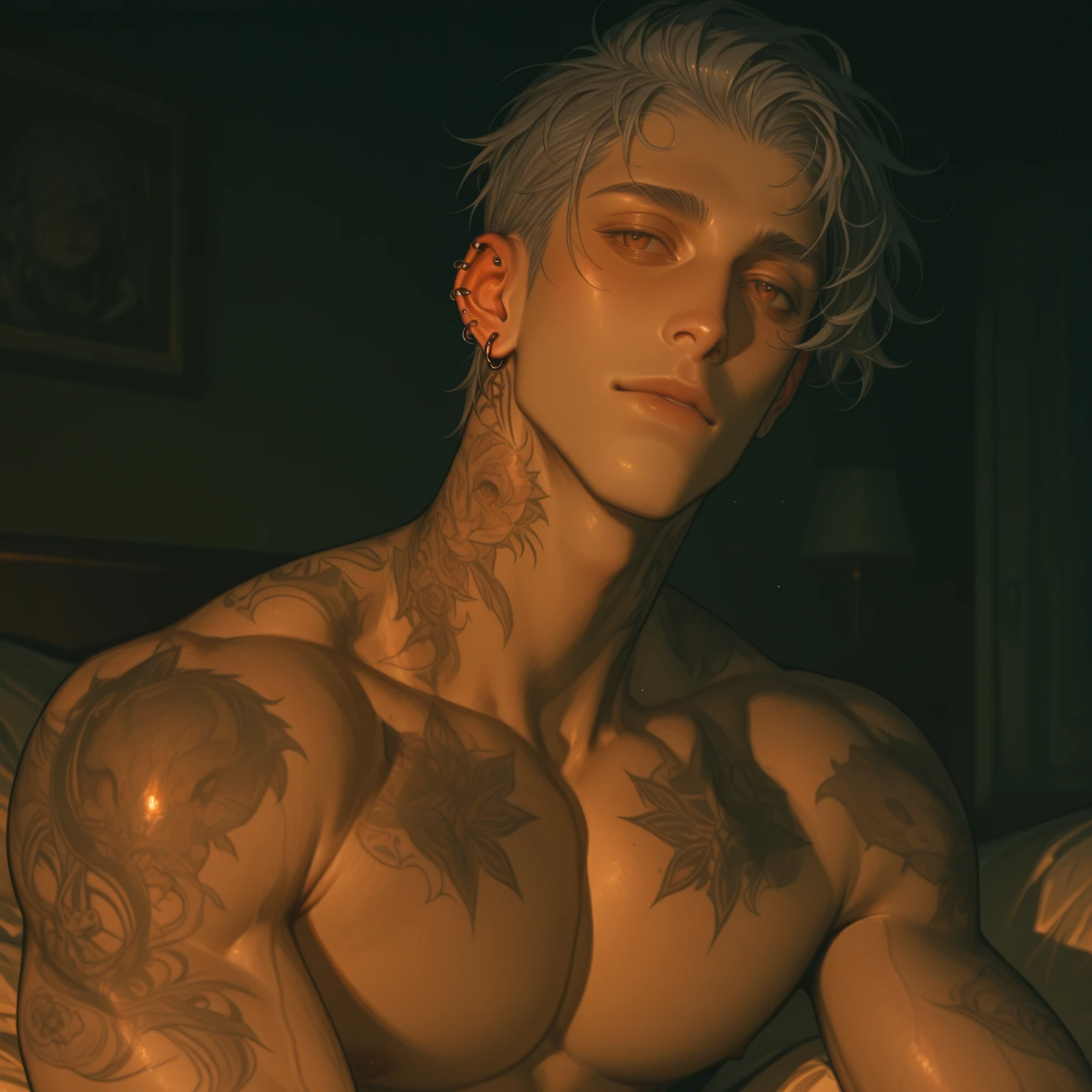 Male figure, teenage young man, white pale skin, grey tousled hair, piercing grey eyes, captivatingly androgynous look. He is adorned with intricate tattoos, piercings and a multitude of silver chains, striking and rebellious aesthetic. He has sweating summer, a flushed expression because summer. [anime dark edgy, fantasy genre, sleep, head on pillow.], [Dramatic lighting, dark color palette, sharp details, textured skin, perfect hand] [Naked, sensual posture]