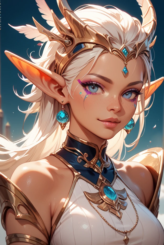 Elven paladin, fantasy, plate gauntlets, plate greaves, butt cape, blonde hair, smiling, zweihander, action pose, white metal bikini armor, pasties, busty, plate boots, delicate, soft features, beautiful detailed face, shiny skin, elegant, beautiful, messy bun, thick thighs, large ass, huge breasts:1.3, upper body, thick, skindentation, full lips, black eyeliner, mascara, pink blush, elegant makeup, divine warrior, Holy knight, blue and white accent streaks, rose petals