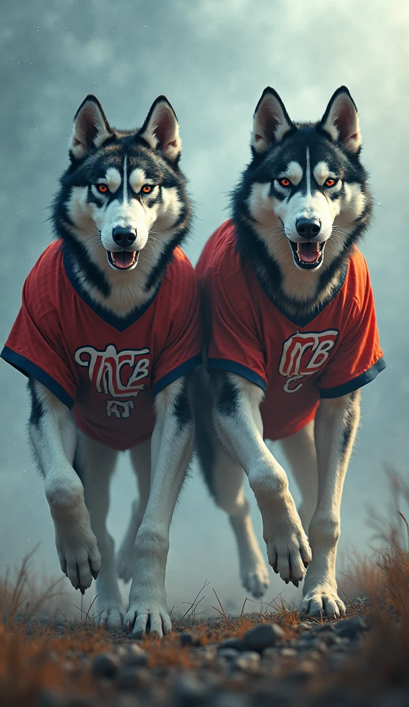 Wolf and its cub are walking on the road the body of wolf and its cub is very muscular and their wearing the shirt of Adidas