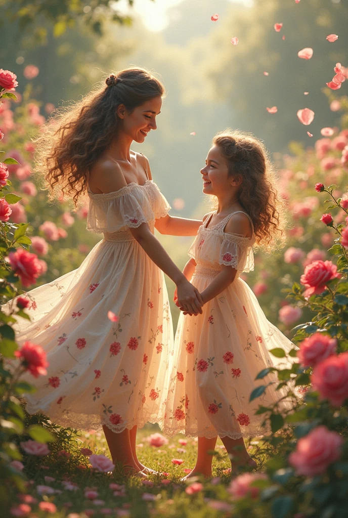 A mother with her daughter beside flowers, her skin is beautiful and silky, princess face, but keep the originality of the image without much alteration.